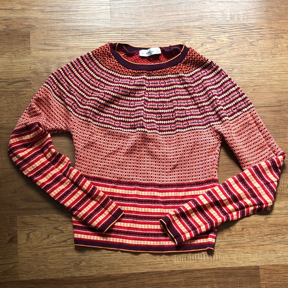 Zara Knit Sweater with Red and Orange Pattern